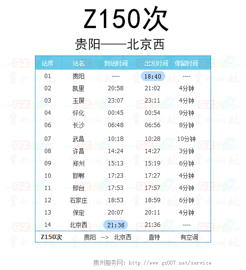 直特列車Z150次時(shí)刻表